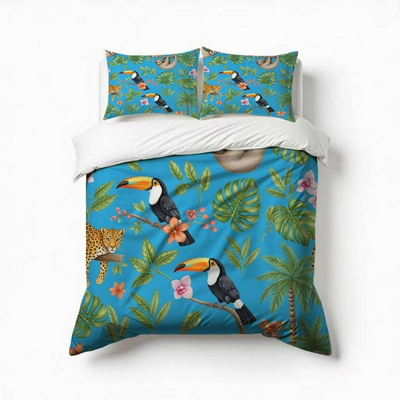 Jungle Animals Floral Print Bedding Set 3 Pcs Soft Microfiber Quilt Cover For Bedroom Decor, Comforter Cover With 2 Pillowcase