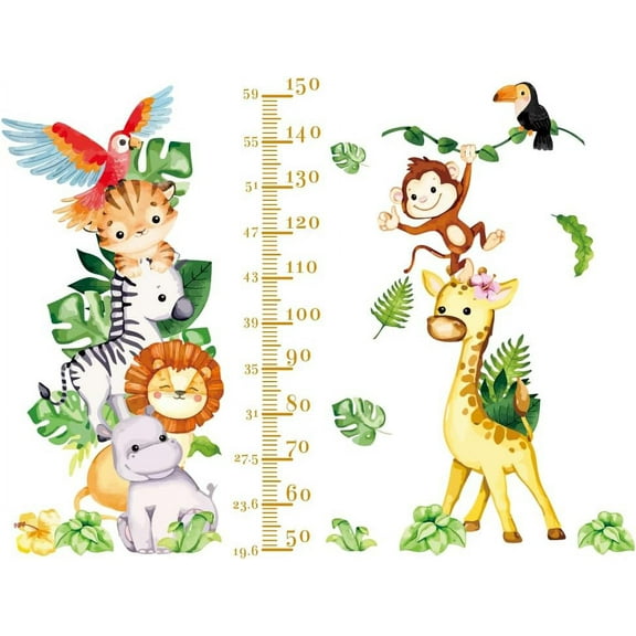 Jungle Animals Height Sticker for Kids Height Growth Chart Decor Tropical Plants 50-150cm Cartoon Animal Height Measure PVC Growth Charts Ruler Wall Sticker for Nursery Bedroom Living Room DIY