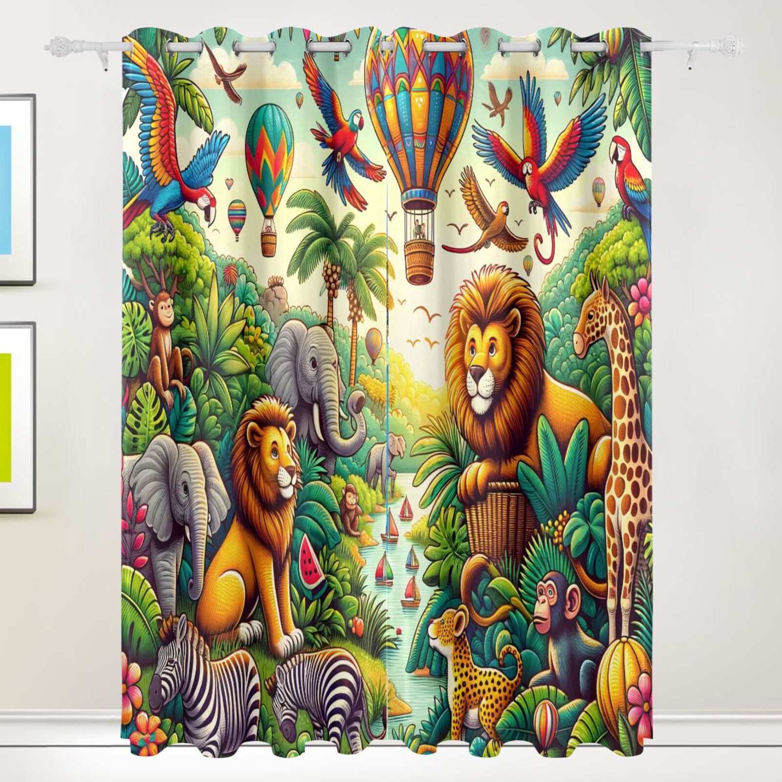 Jungle Animals Hot Air Balloon Black Out Curtains 72 Inch Length Curtains for Sliding Glass Doors Bedroom Living Room 2 Pack