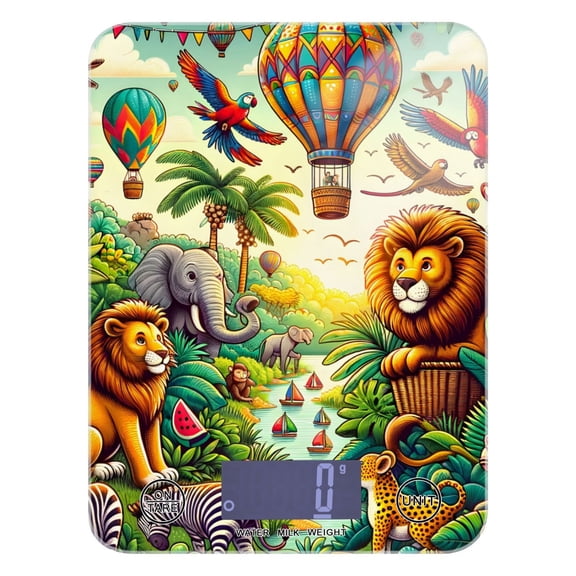 Jungle Animals Hot Air Balloon Food Scale Digital Kitchen Scale Waterproof Tempered Glass Tare Function 11 lb for Baking Cooking Meal Prep