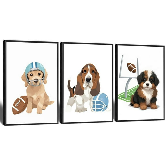 Jungle Animals Kids Room Wall Decor Set of 3 Rhino Lion Tiger and Olive Soccer Puck Canvas Print Watercolor Animal Poster Baby Boy Sports Decor Art Painting