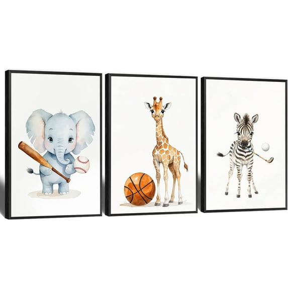 Jungle Animals Kids Room Wall Decor Set of 3 Rhino Lion Tiger and Olive Soccer Puck Canvas Print Watercolor Animal Poster Baby Boy Sports Decor Art Painting