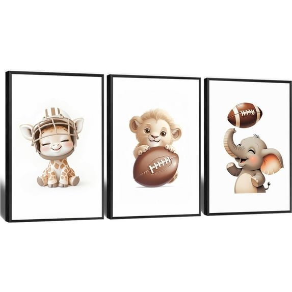 Jungle Animals Kids Room Wall Decor Set of 3 Rhino Lion Tiger and Olive Soccer Puck Canvas Print Watercolor Animal Poster Baby Boy Sports Decor Art Painting