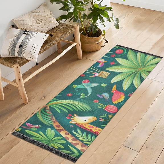 Jungle Animals Leaves Hot Air Balloon Runner Rug Machine Washable Area Rugs Carpet Non Slip Entryway Mat for Bedroom Entryway Front Door
