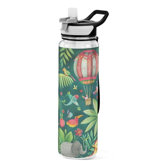 Jungle Animals Leaves Hot Air Balloon Sports Water Bottle Portable Travel Mug 32oz BPA Free Leak Proof Straw Transparent Tritan for Gym Yoga Cycling Camping