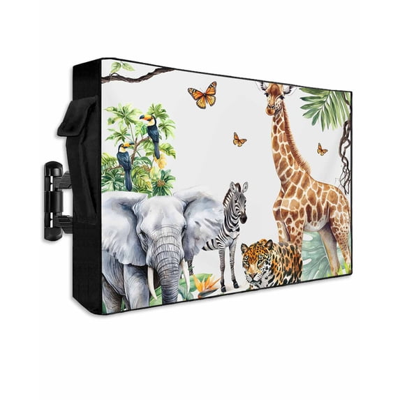 Jungle Animals Outdoor TV Cover 30 to 32 inch Giraffe Zebra Elephant Tiger Hawaii Tropical Plant Waterproof Dustproof TV Covers for Outside with Zipper Remote Control Pocket Flat Screen Protectors