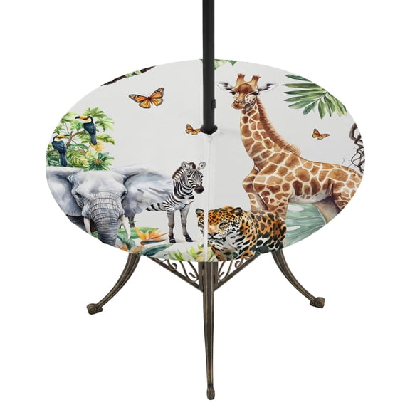 Jungle Animals Round Outdoor Tablecloth with Umbrella Hole, Giraffe Zebra Elephant Tiger Fitted Table Cloth with Zipper Hawaii Tropical Plant Waterproof Patio Table Covers, Fits 31"-35" Tables