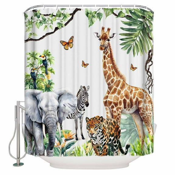 Jungle Animals Shower Curtain, 36" x 72", Giraffe Zebra Elephant Tiger Hawaii Tropical Plant Waterproof Bathroom Curtain Washable Shower Curtain Set with 12 Hooks