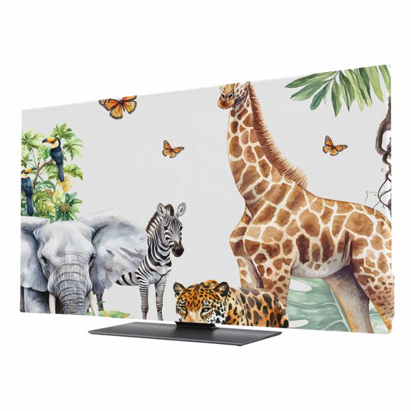 Jungle Animals TV Dust Cover 43 Inch, Giraffe Zebra Elephant Tiger Hawaii Tropical Plant Computer Monitor Cover Dustproof Stretchable Indoor TV Screen Protector for LED LCD Universal Monitors