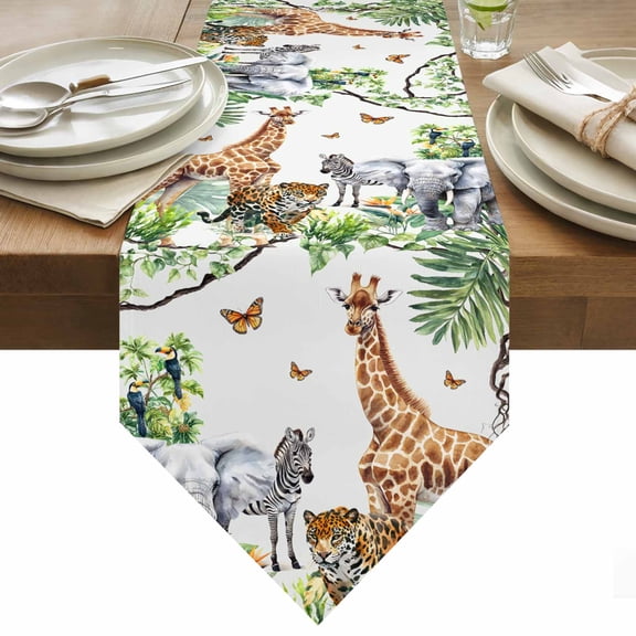 Jungle Animals Table Runner 120 Inches Long Giraffe Zebra Elephant Tiger Hawaii Tropical Plant Table Runners for Dining Room Tabletop Dresser Scarf Home Party Banquet Wedding Holiday Decoration