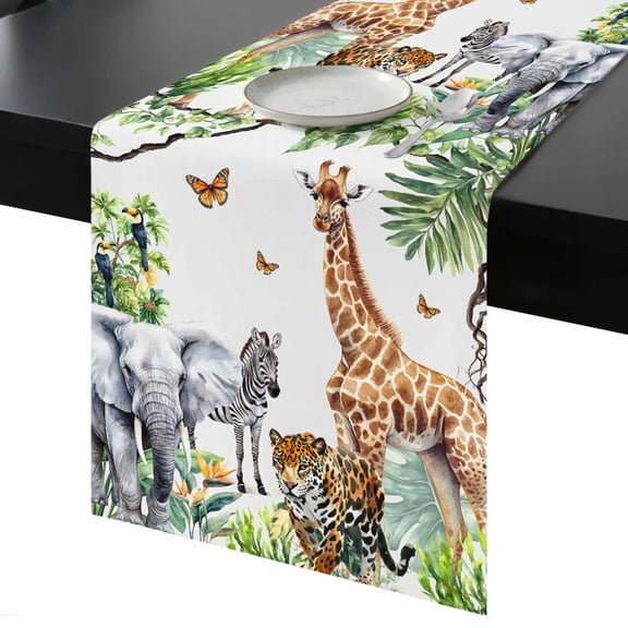 Jungle Animals Table Runner 13x36 Inch Giraffe Zebra Elephant Tiger Hawaii Tropical Plant Table Runner Non-Slip Dresser Scarves for Holiday Decorations, Party, Dinner and Gatherings, 1 Pack