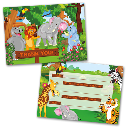 20 Kids Thank You Cards Jungle Animals Themed and 20 Envelopes