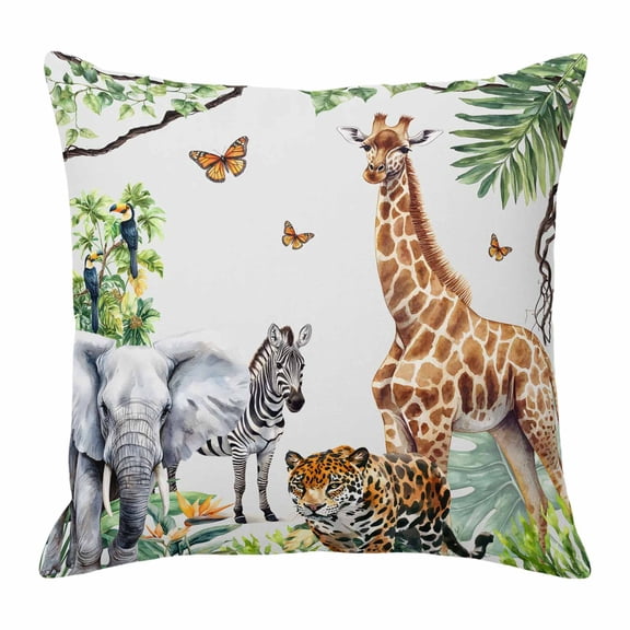 Jungle Animals Throw Pillow Cover Giraffe Zebra Elephant Tiger Cotton Linen Cushion Cover Throw Pillow Case with Invisible Zipper for Couch Sofa Bed Chair Car 20x20 Inch