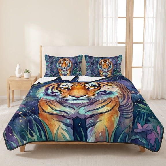Jungle Animals Tiger 3 Pieces Quilt Set,1 Quilt with 2 Shams,Watercolor Tropical Leaves Bedspread Soft Lightweight Bedding Coverlet Comforter Set for All Season 96"x106"