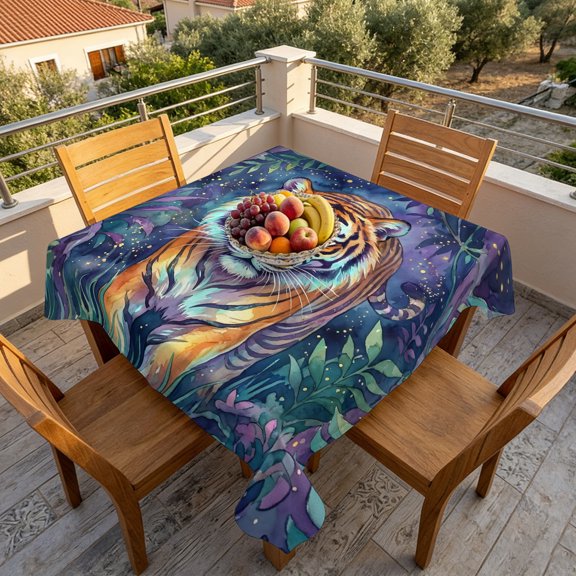 Jungle Animals Tiger Table Cloth 60x60in, Waterproof Square Tablecloth Wipeable Tablecloths Watercolor Tropical Leaves Table Covers for Dining Tables Party Indoor Outdoor