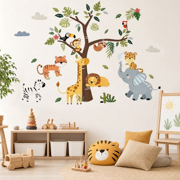 2 Pack Jungle Animals Tree Safari Elephant Giraffe Lion Wall Decals & Stickers