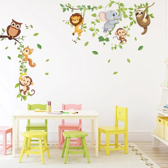 Jungle Animals Wall Decals Cartoon Vine Climbing Wall Stickers Monkey Sloth Lion Elephant Owl Squirrel Wall Decor Removable Vinyl Wall Stickers