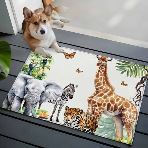 Jungle Animals Washable Area Rug 2x3 Giraffe Zebra Elephant Tiger Hawaii Tropical Plant Low-Profile Area Rugs with Non Slip Backing Indoor Floor Carpet for Entrance Living Room Bedroom Home Office