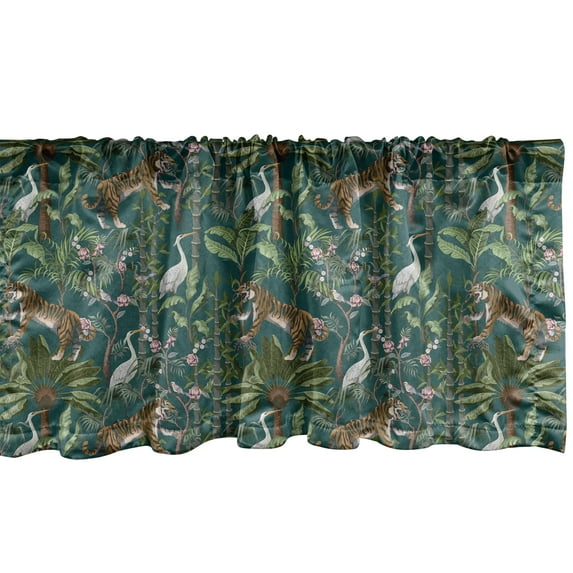 Jungle Animals Window Valance, Tiger and Crane Birds Tropical Palms Exotic Island in Watercolor, Curtain Valance for Kitchen Bedroom with Rod Pocket, 54" X 18", Green Teal and Ginger, by Ambesonne