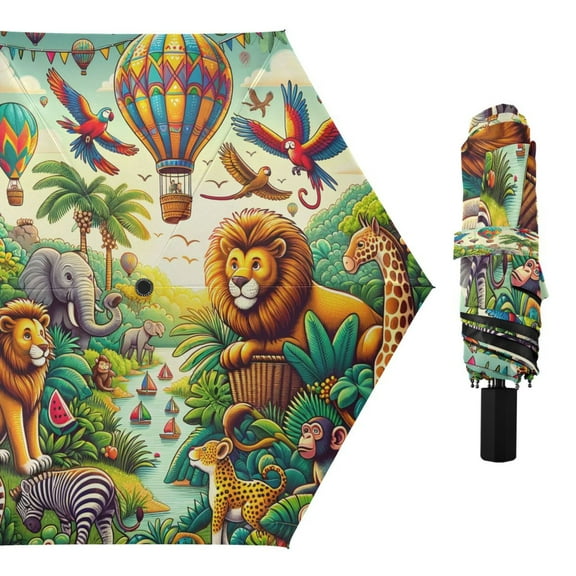 Jungle Animals and Hot Air Balloon Compact Sun Umbrella Windproof Travel Umbrellas for Rain Strong Portable UV Protection