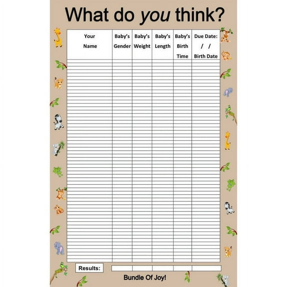 Jungle- Baby Guessing Game and Keepsake, Large- 60 Players, Bundle Board