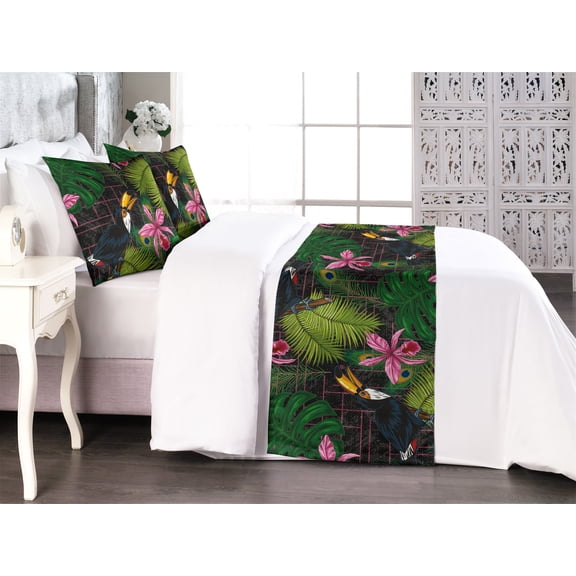 Jungle Bed Runner Set, Toucans Palms Monsteras and Peacock Feathers on Geometric Maze Back, Decorative Bedding Scarf & 2 Pillow Shams for Hotels Homes, Queen, Pistachio Green Soft Pink, by Ambesonne
