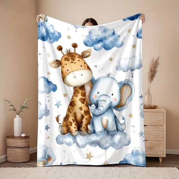 Jungle Bedspread 280gsm: Giraffe Elephant Plush Flannel Quilt Set with Clouds Stars, Soft All-Season Blanket for Bed Sofa Camping, Baby Animal Gift, Boho Patchwork Throw, Colorful Fleece