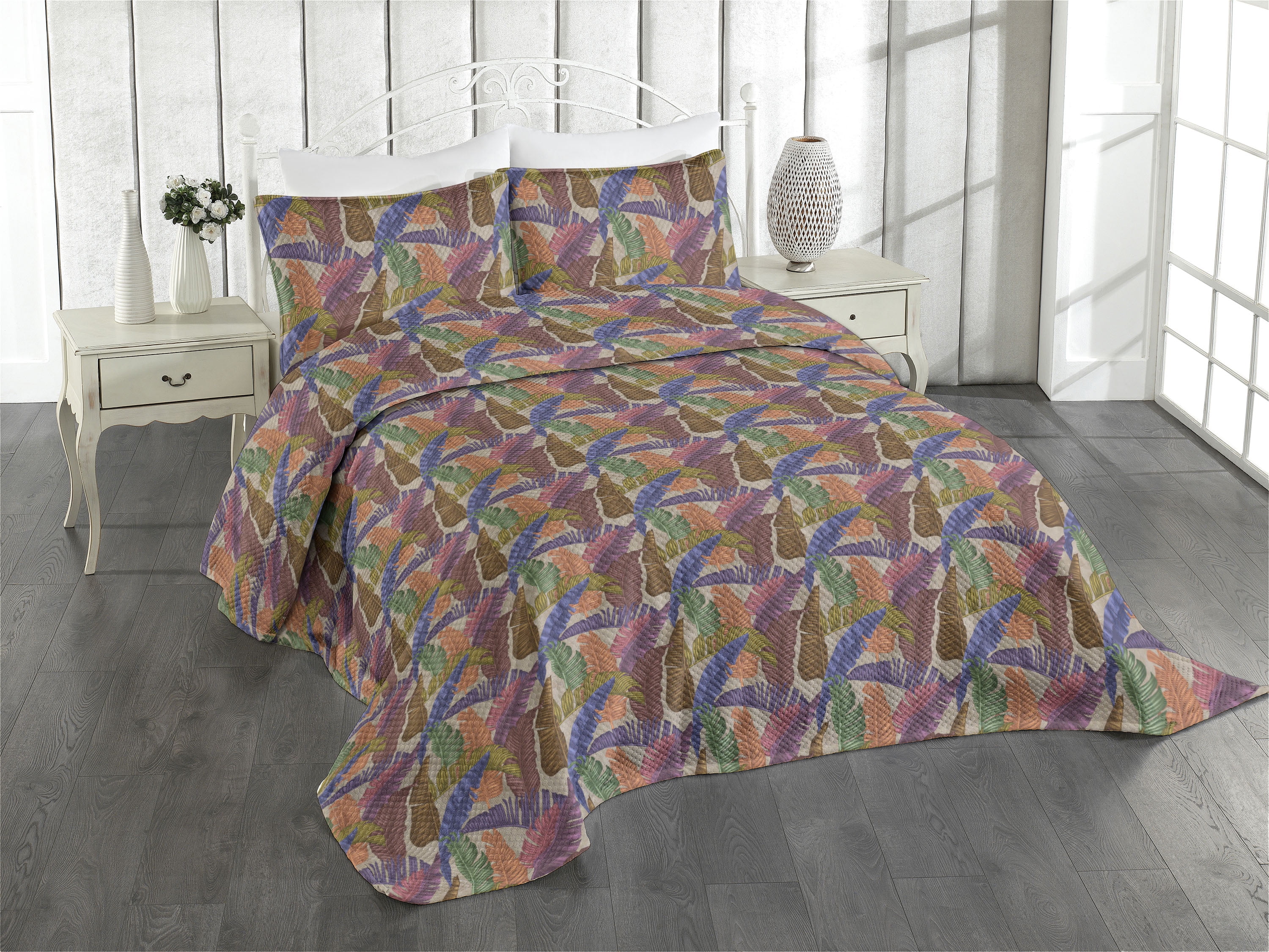 Jungle Bedspread, Tropical Vibe Forest Leaves Pattern on Wall Like
