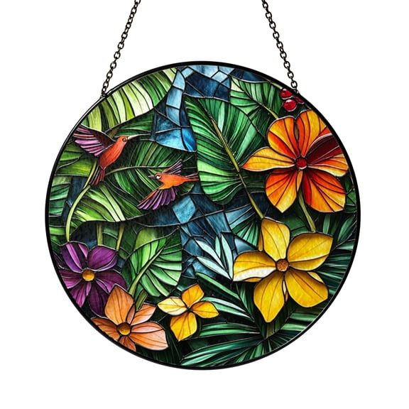 Jungle Bird Stained Glass Suncatcher, Tropical Leaves Window Hanging Decor, Exotic Floral Art, Nature Inspired Home Decor, Gift Idea for Bird and Nature Lovers