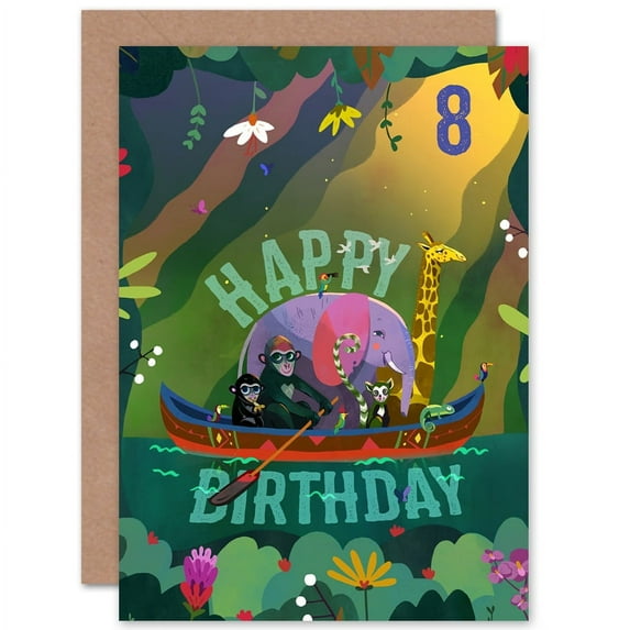 Jungle Boat 8th Birthday Greetings Card Plus Envelope Blank inside