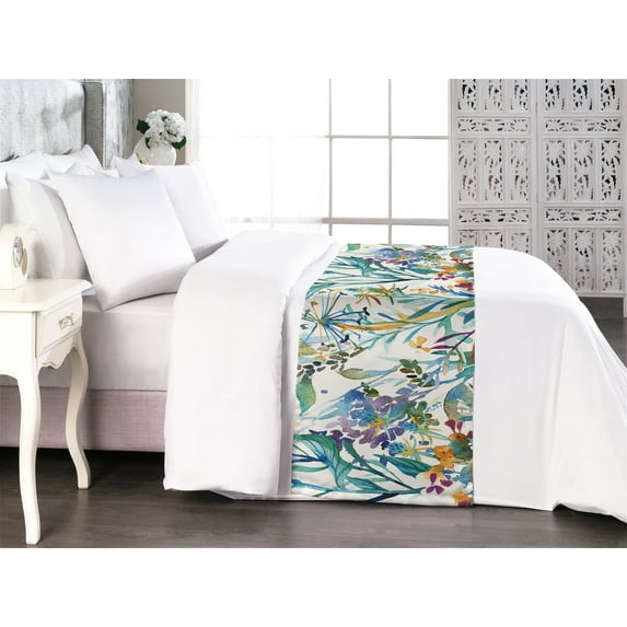 Jungle Boho Bed Runner, Aquarelle Forest Themed Floral Scene with Leaves Greenery Print, Decorative Accent Bedding Scarf for Hotels Homes & Guest Rooms, Queen, Eggshell Seafoam Indigo, by Ambesonne