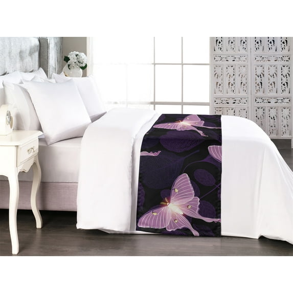 Jungle Boho Bed Runner, Butterfly Illustration Modern Minimalist With Tropical Leaves Print, Decorative Accent Bedding Scarf for Hotels Homes & Guest Rooms, King, Pale Lilac Dark Purple, by Ambesonne