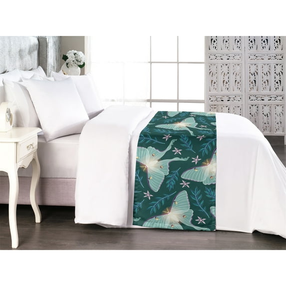 Jungle Boho Bed Runner, Dream Like Butterfly Illustration With Floral Ornament Modern Art, Decorative Accent Bedding Scarf for Hotels Homes & Guest Rooms, Queen, Almond Green Petrol Blue, by Ambesonne