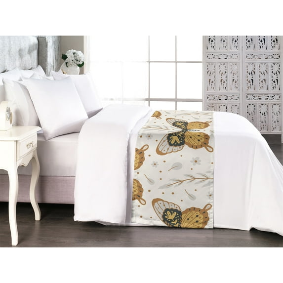 Jungle Boho Bed Runner, Modern Illustration of Wild Life Moth Pattern on Plain Backdrop, Decorative Accent Bedding Scarf for Hotels Homes & Guest Rooms, Queen, Pale Coffee and Off White, by Ambesonne