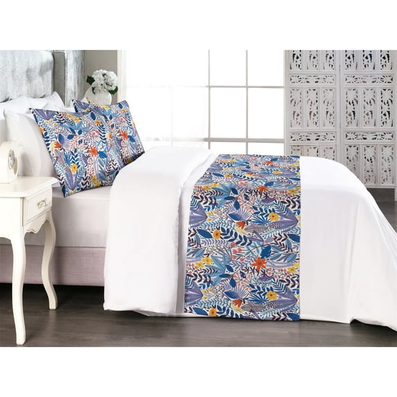 Jungle Boho Bed Runner Set, Colorful Design Tropical Leaves and Flowers Vintage on Plain Back, Decorative Bedding Scarf & 2 Pillow Shams for Hotels Homes, Queen, Dark Pink Dark Lavender, by Ambesonne