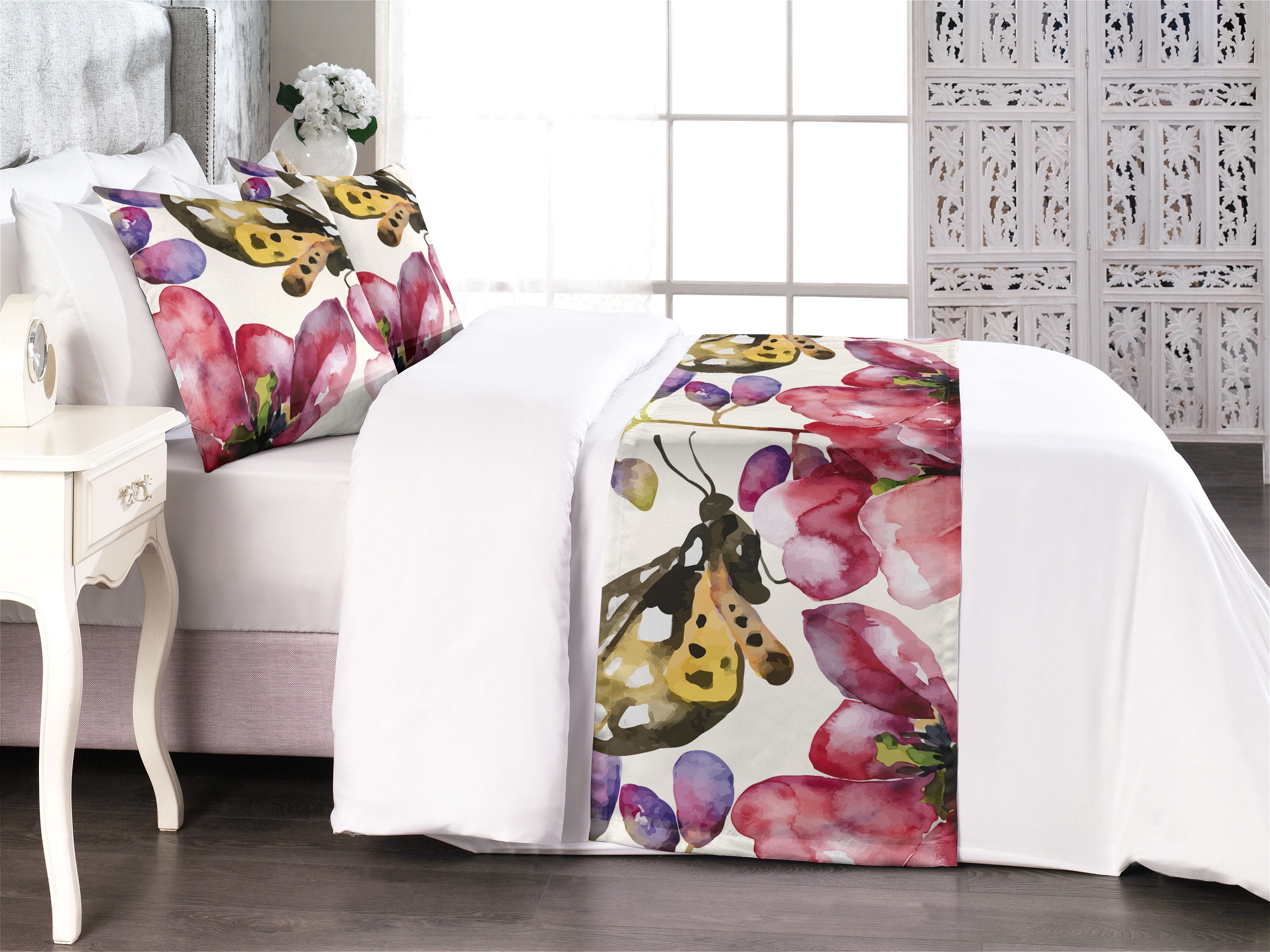 Jungle Boho Bed Runner Set, Springtime Design Watercolor Violet Lupines ...