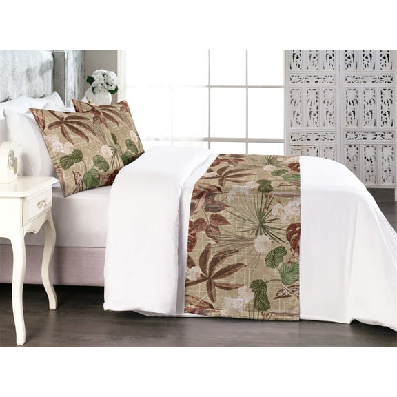 Jungle Boho Bed Runner Set, Vintage Themed Grunge Effect Leaves and Flowers Tropics Nature, Decorative Bedding Scarf & 2 Pillow Shams for Hotels Homes, King, Cocoa Maroon Reseda Green, by Ambesonne