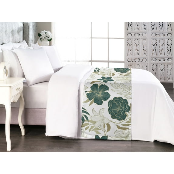 Jungle Boho Bed Runner, Simple Design Hibiscus and Rose Flowers with Leaves Greenery Art, Decorative Accent Bedding Scarf for Hotels Homes & Guest Rooms, Queen, Hunter Green Slate Brown, by Ambesonne