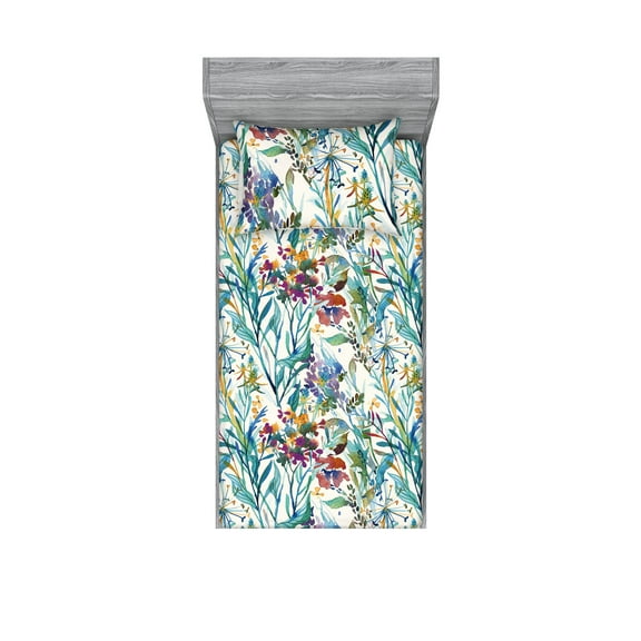 Jungle Boho Fitted Sheet & Pillow Sham Set, Aquarelle Forest Themed Floral Scene with Leaves Greenery Print, Decorative Printed 2 Piece Bedding Decor, Twin, Eggshell Seafoam Indigo, by Ambesonne