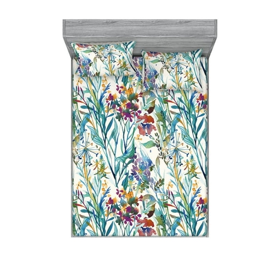 Jungle Boho Fitted Sheet & Pillow Sham Set, Aquarelle Forest Themed Floral Scene with Leaves Greenery Print, Decorative Printed 3 Piece Bedding Decor, King, Eggshell Seafoam Indigo, by Ambesonne