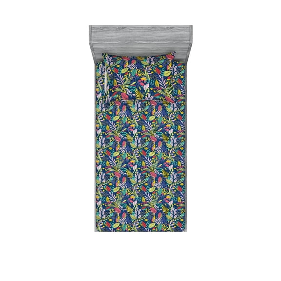 Jungle Boho Fitted Sheet & Pillow Sham Set, Colorful Design Exotic Garden Illustration Cottagecore Leaves Print, Decorative Printed 2 Piece Bedding Decor, Twin, Pale Green Rose Coral, by Ambesonne