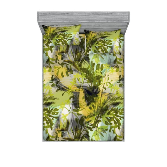 Jungle Boho Fitted Sheet & Pillow Sham Set, Dreamy Silhouettes of Leafy Scene with Neutral Colors Grunge Art, Decorative Printed 3 Piece Bedding Decor, King, Yellow Green Apple Green, by Ambesonne