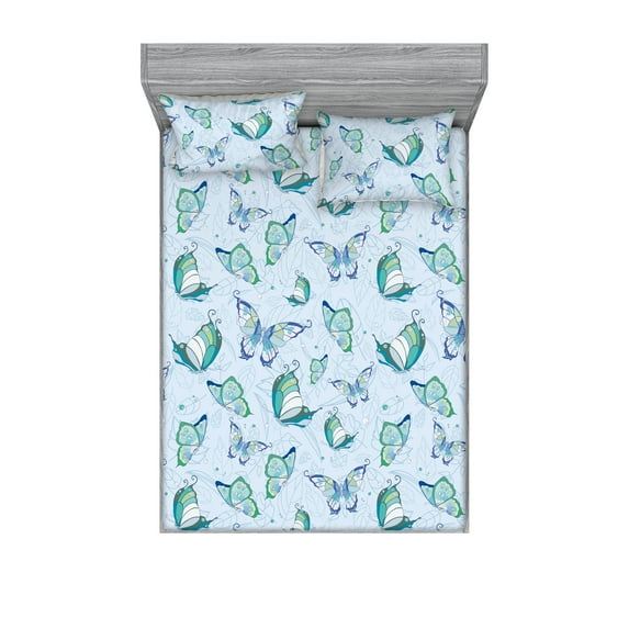 Jungle Boho Fitted Sheet & Pillow Sham Set, Exotic Pattern of Colorful Design Moth Illustration on Sky Like Back, Decorative Printed 3 Piece Bedding Decor, King, Pale Azure Blue Teal, by Ambesonne