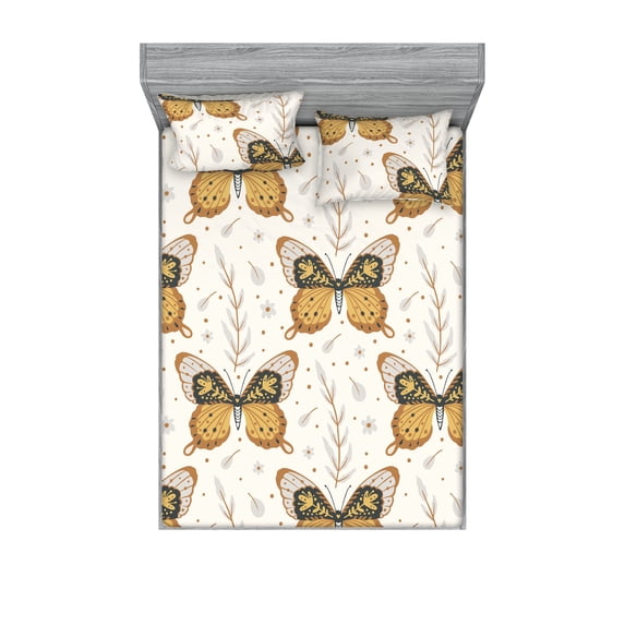 Jungle Boho Fitted Sheet & Pillow Sham Set, Modern Illustration of Wild Life Moth Pattern on Plain Backdrop, Decorative Printed 3 Piece Bedding Decor, Queen, Pale Coffee and Off White, by Ambesonne