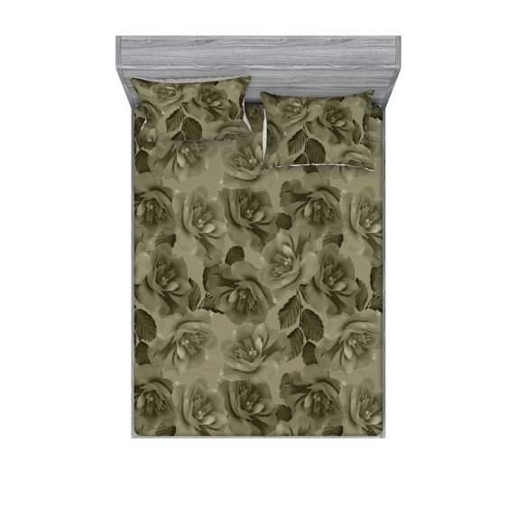 Jungle Boho Fitted Sheet & Pillow Sham Set, Nostalgic Vibes Garden Scene Flowers Vintage and Petals Print, Decorative Printed 3 Piece Bedding Decor, Full, Olive Green and Reseda Green, by Ambesonne