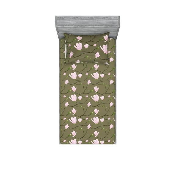 Jungle Boho Fitted Sheet & Pillow Sham Set, Pastel Colors Magnolia Drawing With Branch Pattern on Forest Like Backdrop, Decorative Printed 2 Piece Bedding Decor, Twin, Khaki Soft Pink, by Ambesonne