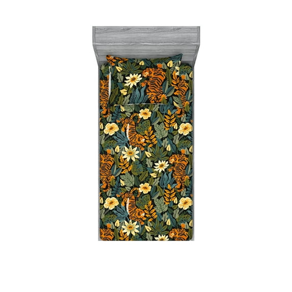 Jungle Boho Fitted Sheet & Pillow Sham Set, Tropical Forest Vibe American Traditional Art of Tiger and Floral, Decorative Printed 2 Piece Bedding Decor, Twinxl, Peacock Green Apricot, by Ambesonne