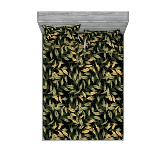 Jungle Boho Fitted Sheet & Pillow Sham Set, Tropical Themed Wild Forest Leaves Woods on Dark Tone Back Print, Decorative Printed 3 Piece Bedding Decor, Queen, Pistachio Green Mustard, by Ambesonne