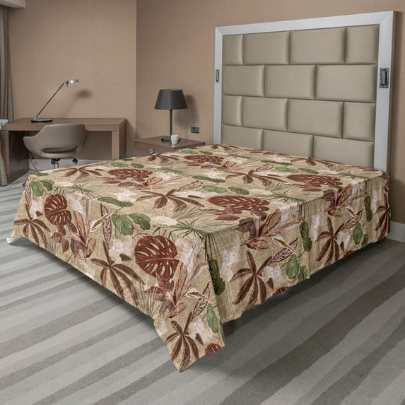 Ambesonne Jungle Boho Flat Bedding Sheet Soft Top Sheet, Vintage Grunge Leaves, Full, Cocoa Maroon Reseda Green