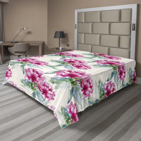 Ambesonne Jungle Boho Flat Bedding Sheet Soft Top Sheet, Romantic Garden Flowers, Queen, Dark Coral Reseda Green